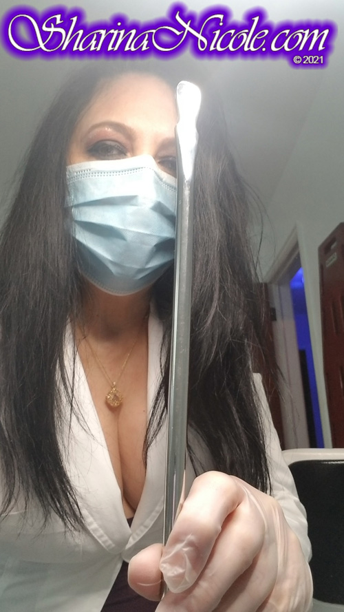 Femdom Dominatrix Mistress Sharina Nicole as a brunette 'twin' in a medical fetish roleplay session